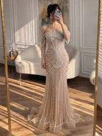 Luxury Nude Pearls Beaded Mermaid Evening Dress Off Shoulder CLA73148A