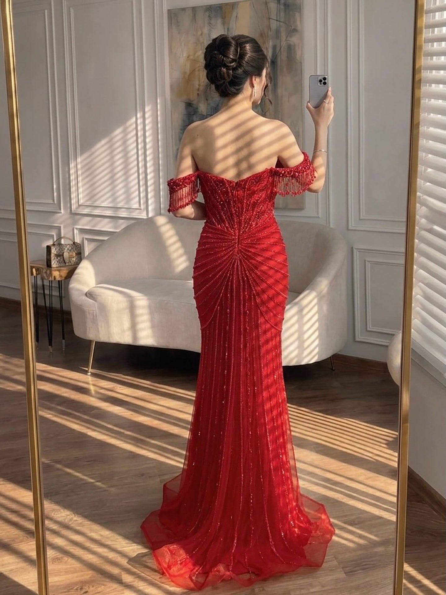 Luxury Nude Pearls Beaded Mermaid Evening Dress Off Shoulder CLA73148A