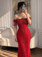Luxury Nude Pearls Beaded Mermaid Evening Dress Off Shoulder CLA73148A