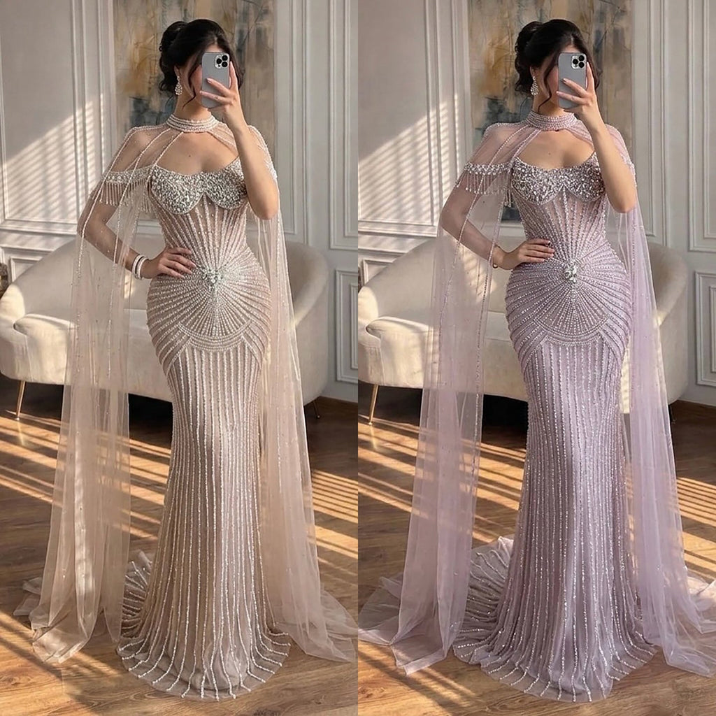 Luxury Nude Pearls Beaded Mermaid Evening Dress with Cape Sleeves CLA73148C