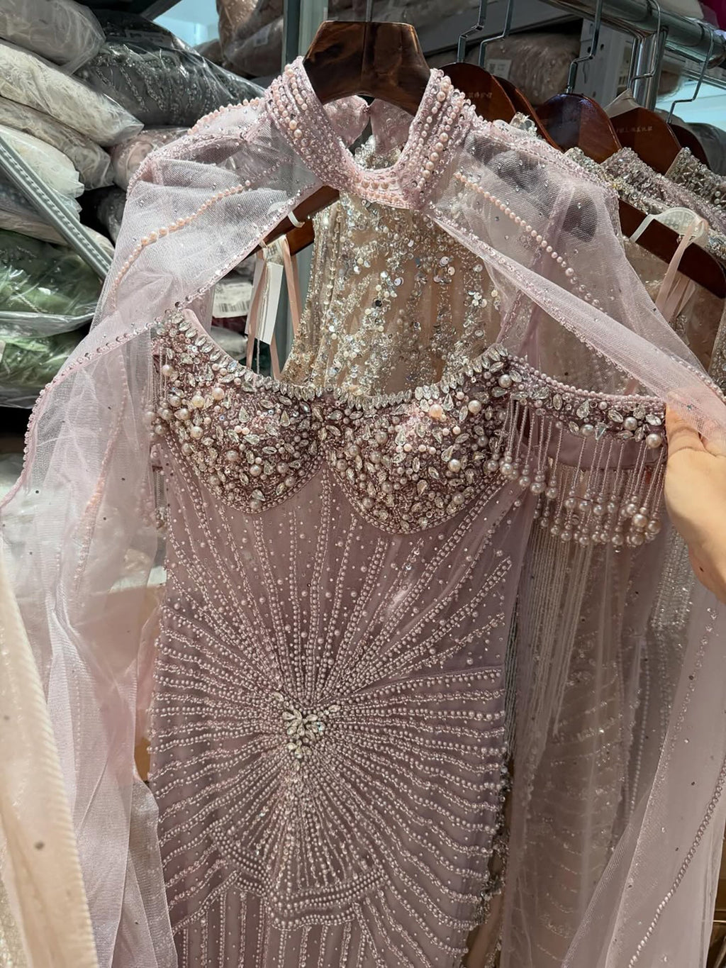 Luxury Nude Pearls Beaded Mermaid Evening Dress with Cape Sleeves CLA73148C