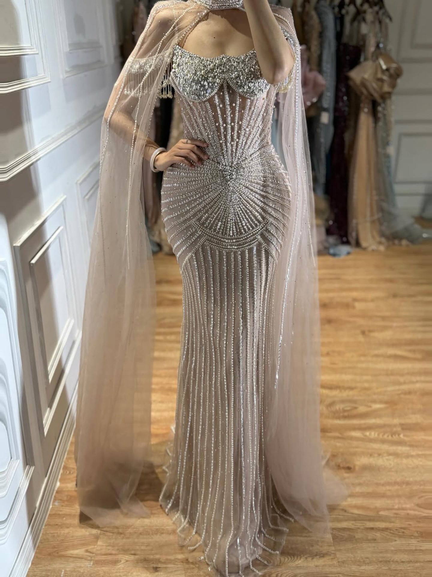 Luxury Nude Pearls Beaded Mermaid Evening Dress with Cape Sleeves CLA73148C
