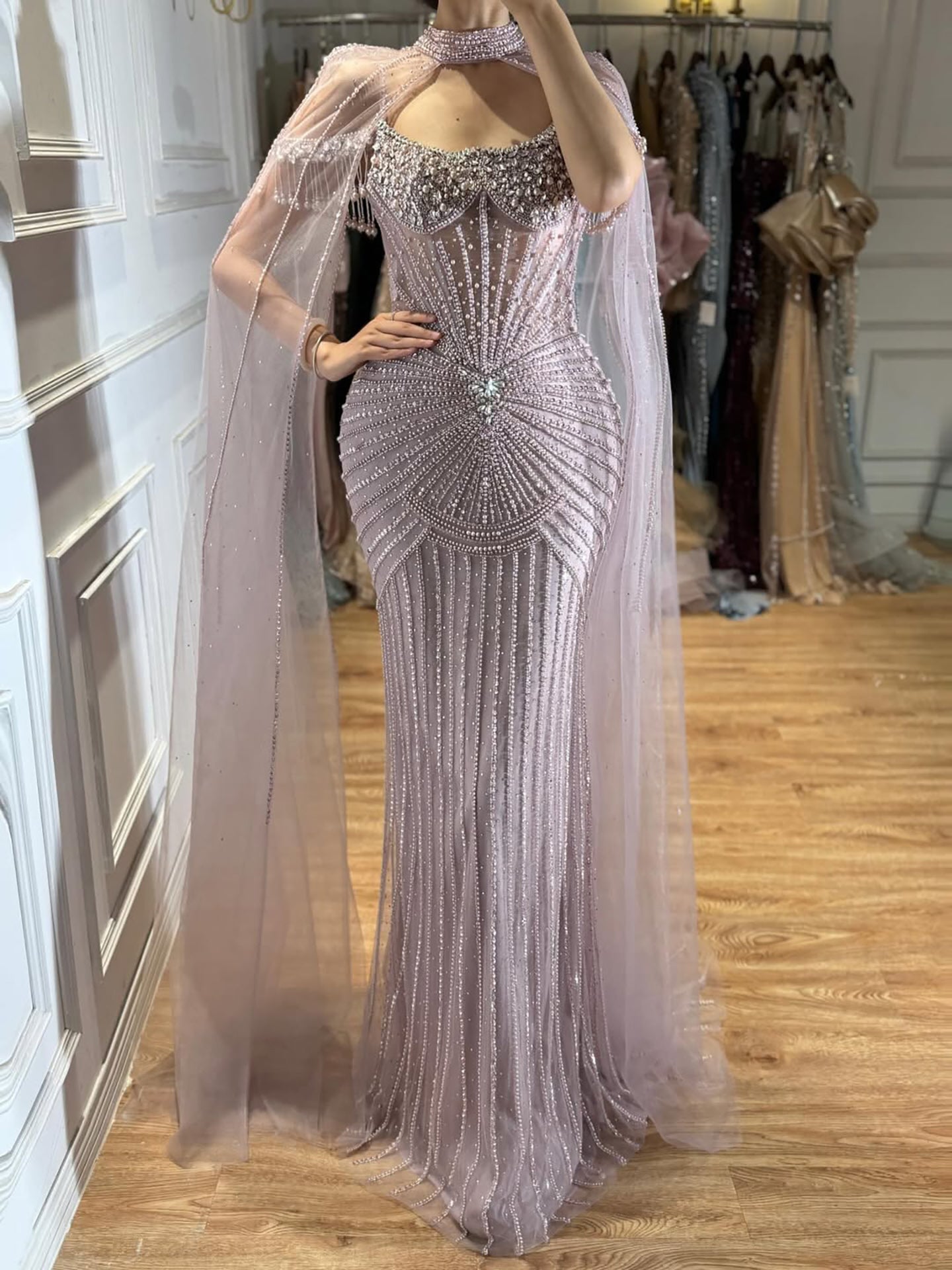 Luxury Nude Pearls Beaded Mermaid Evening Dress with Cape Sleeves CLA73148C