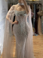 Luxury Nude Pearls Beaded Mermaid Evening Dress with Cape Sleeves CLA73148C