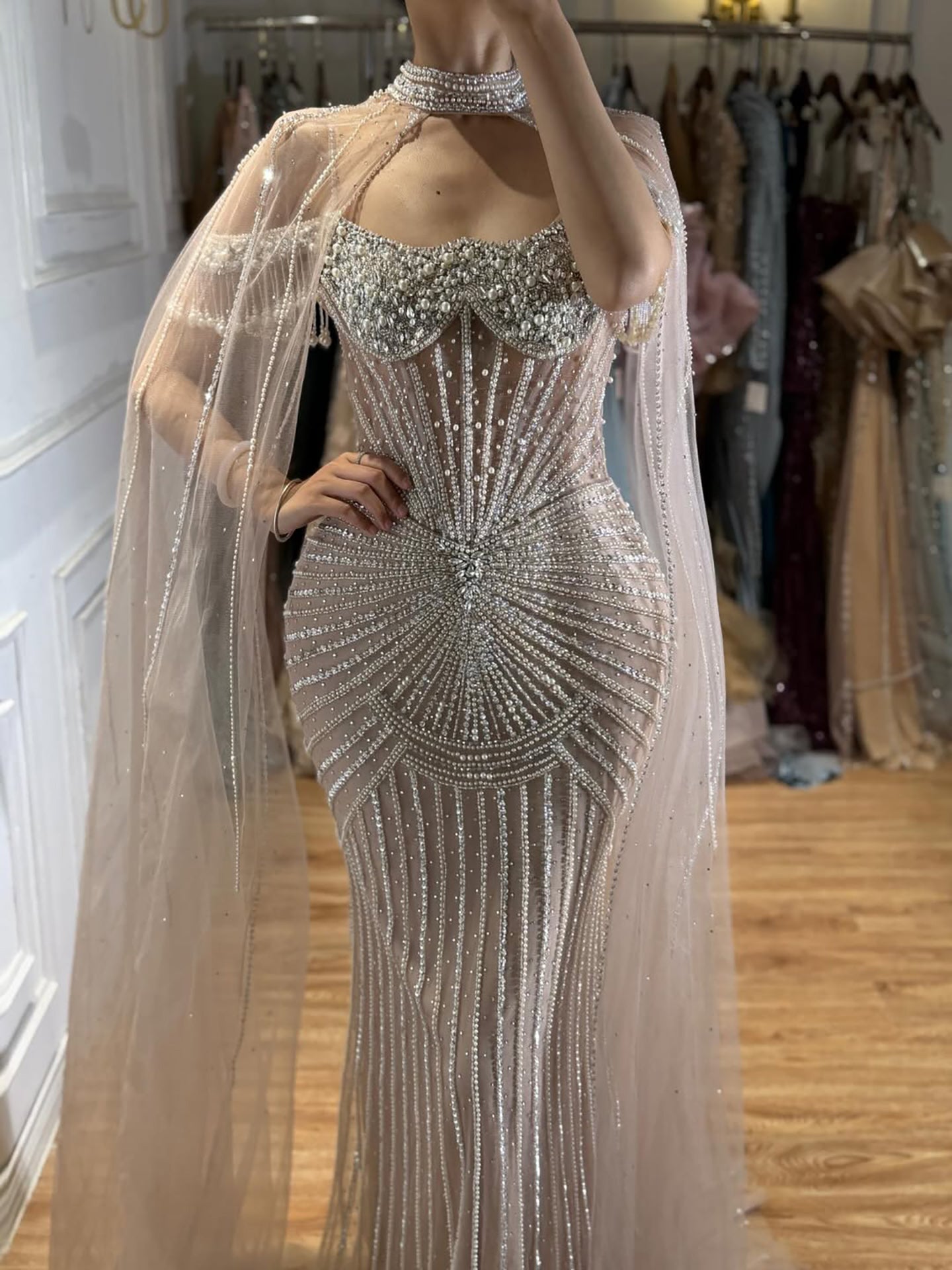 Luxury Nude Pearls Beaded Mermaid Evening Dress with Cape Sleeves CLA73148C