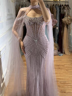 Luxury Nude Pearls Beaded Mermaid Evening Dress with Cape Sleeves CLA73148C