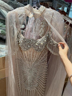 Luxury Nude Pearls Beaded Mermaid Evening Dress with Cape Sleeves CLA73148C