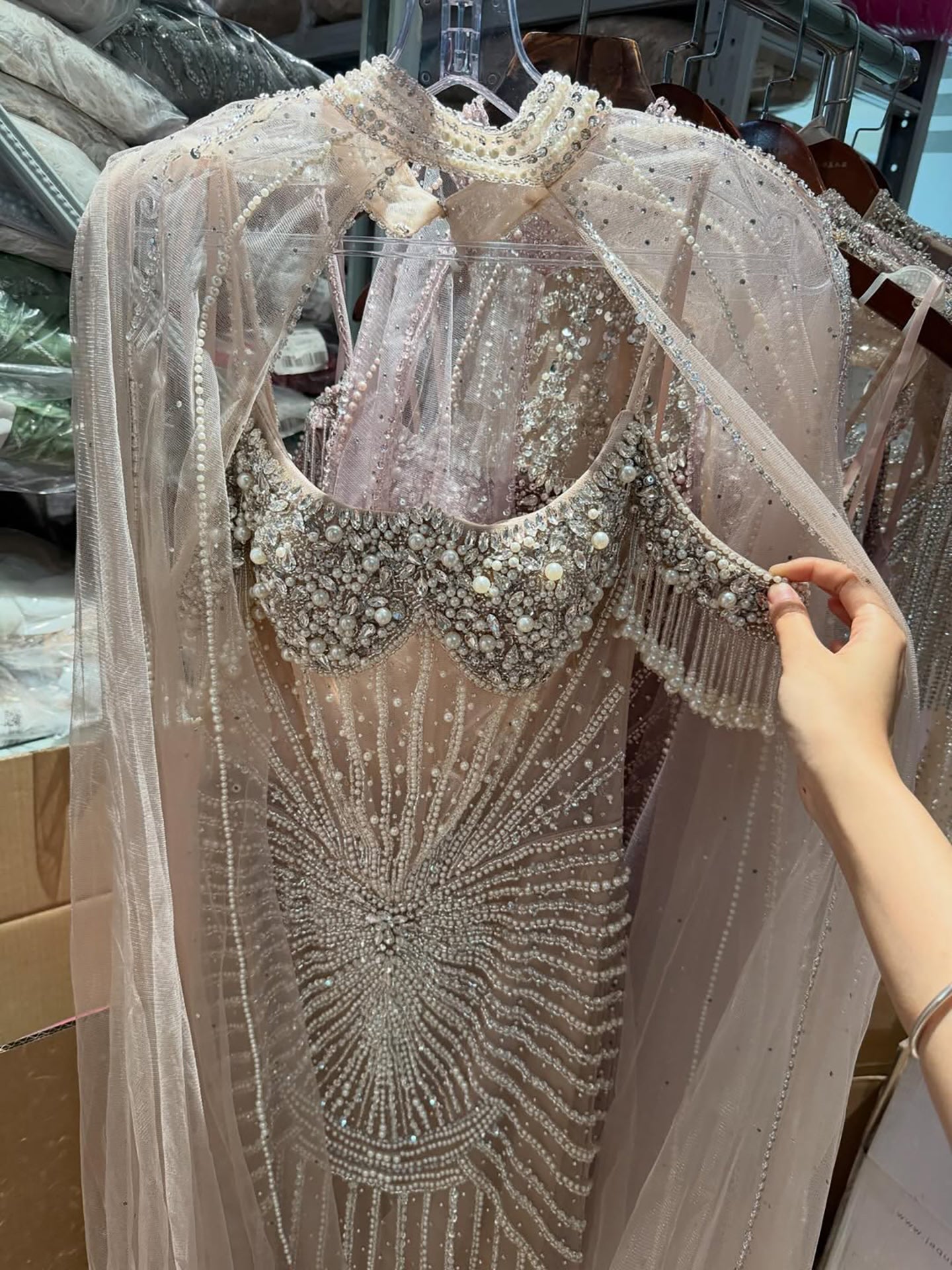 Luxury Nude Pearls Beaded Mermaid Evening Dress with Cape Sleeves CLA73148C