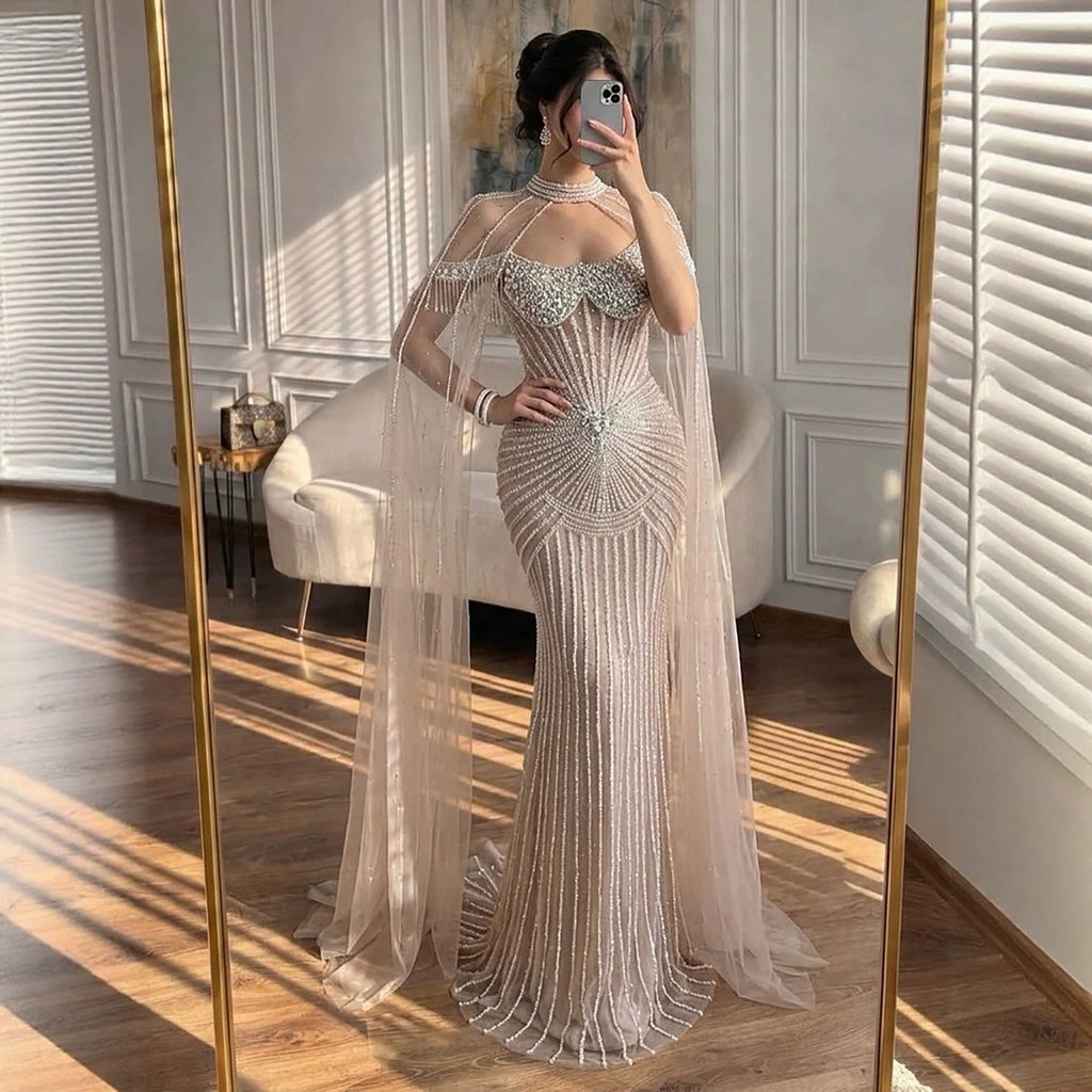 Luxury Nude Pearls Beaded Mermaid Evening Dress with Cape Sleeves CLA73148C