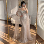Luxury Nude Pearls Beaded Mermaid Evening Dress with Cape Sleeves CLA73148C