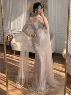 Luxury Nude Pearls Beaded Mermaid Evening Dress with Cape Sleeves CLA73148C