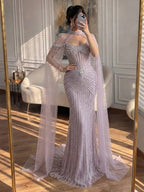 Luxury Nude Pearls Beaded Mermaid Evening Dress with Cape Sleeves CLA73148C