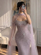 Luxury Nude Pearls Beaded Mermaid Evening Dress with Cape Sleeves CLA73148C
