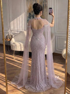 Luxury Nude Pearls Beaded Mermaid Evening Dress with Cape Sleeves CLA73148C
