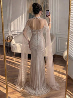Luxury Nude Pearls Beaded Mermaid Evening Dress with Cape Sleeves CLA73148C