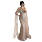Luxury Nude Pearls Beaded Mermaid Evening Dress with Cape Sleeves CLA73148C