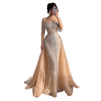Luxury Nude Pearls Beaded Off Shoulder Mermaid Evening Dress CLA73148D