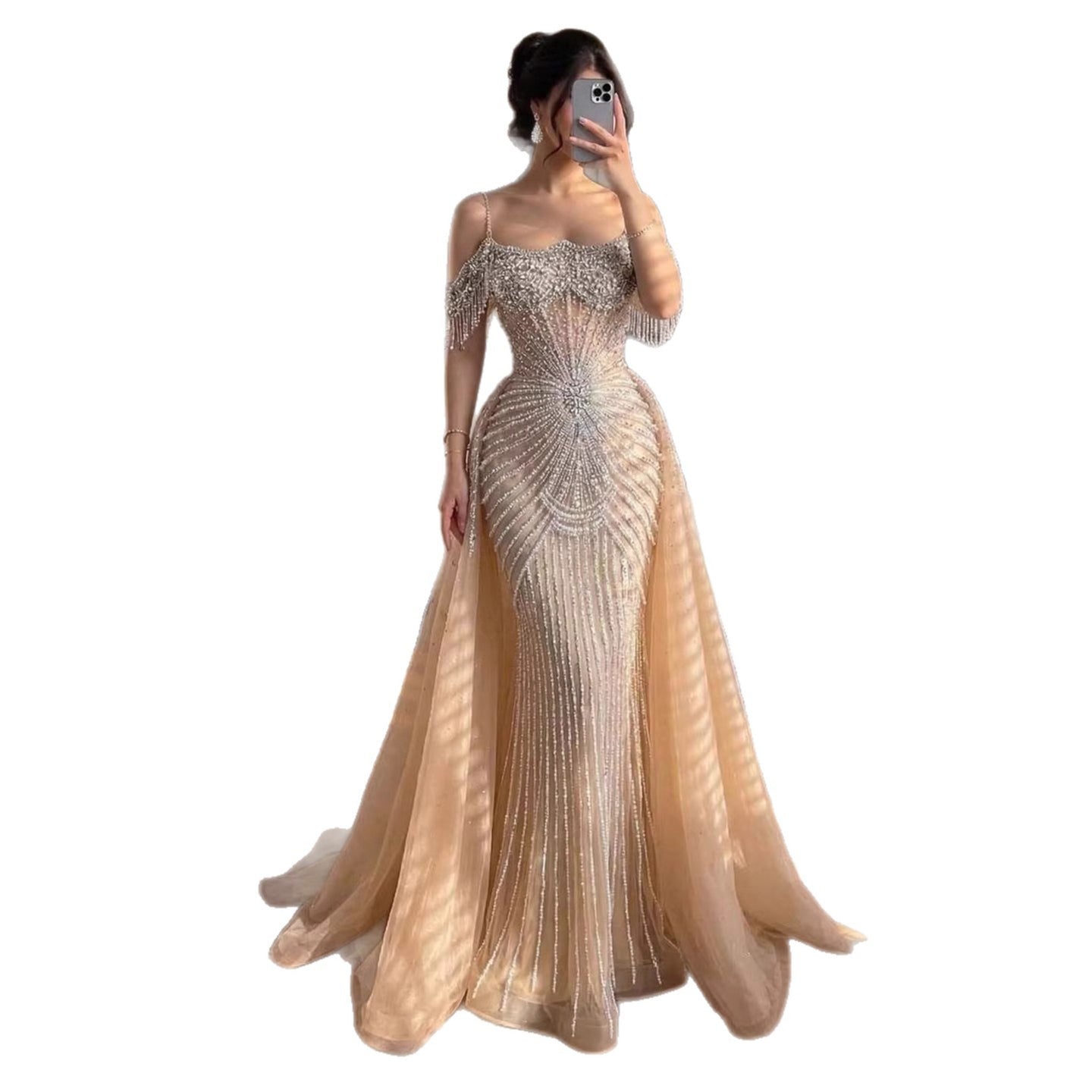 Luxury Nude Pearls Beaded Off Shoulder Mermaid Evening Dress CLA73148D