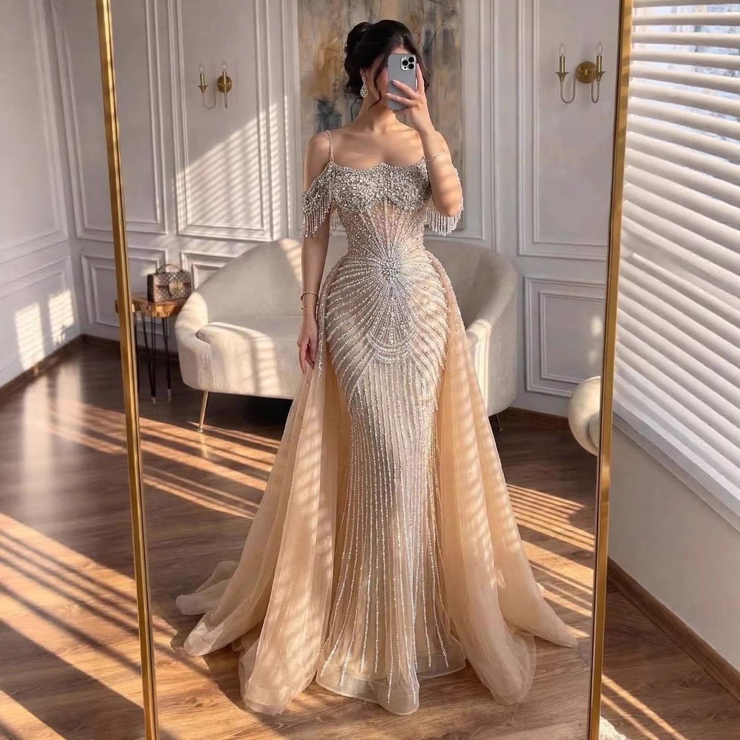 Luxury Nude Pearls Beaded Off Shoulder Mermaid Evening Dress CLA73148D