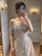 Luxury Nude Pearls Beaded Off Shoulder Mermaid Evening Dress CLA73148D
