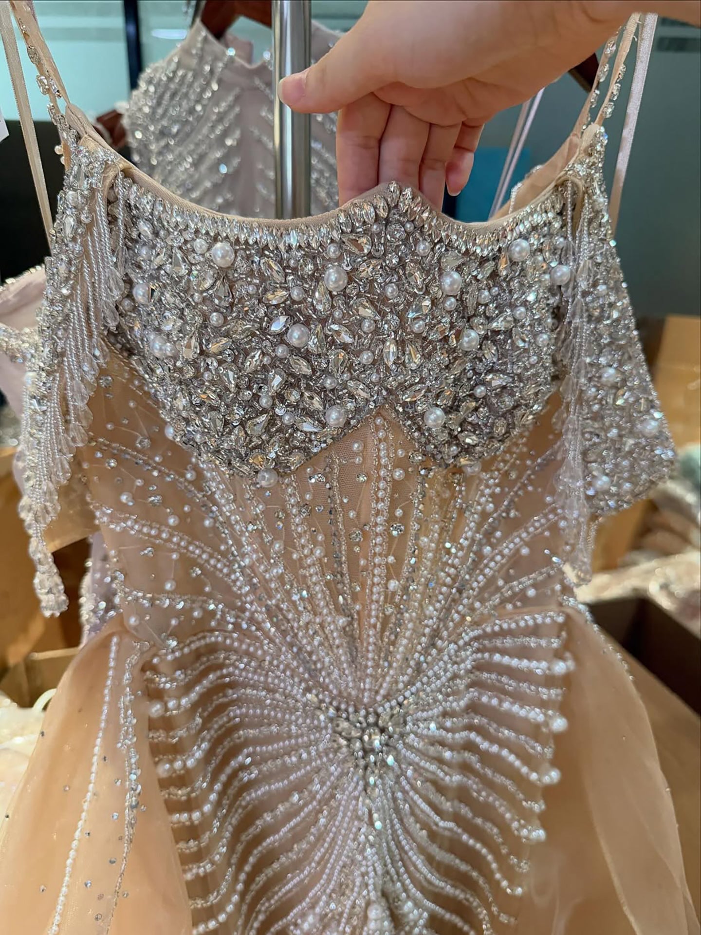 Luxury Nude Pearls Beaded Off Shoulder Mermaid Evening Dress CLA73148D