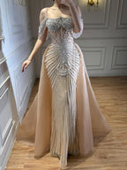 Luxury Nude Pearls Beaded Off Shoulder Mermaid Evening Dress CLA73148D