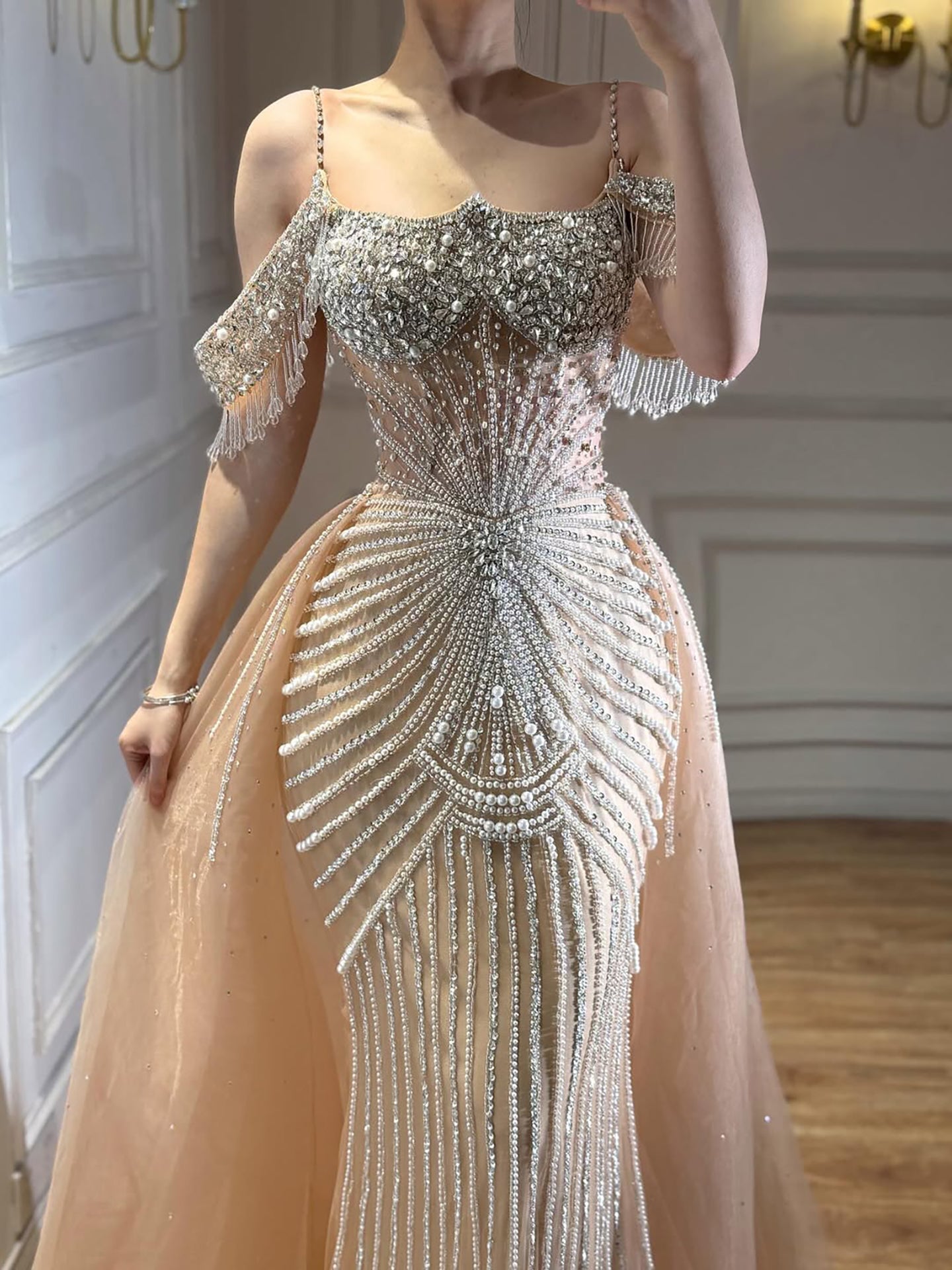 Luxury Nude Pearls Beaded Off Shoulder Mermaid Evening Dress CLA73148D