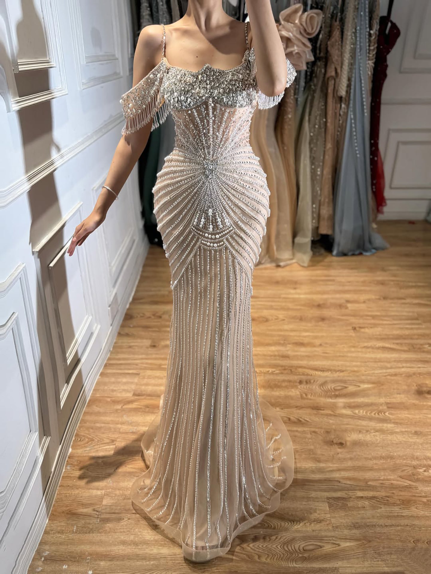 Luxury Nude Crystal Beaded Off Shoulder Mermaid Dress LA73148E