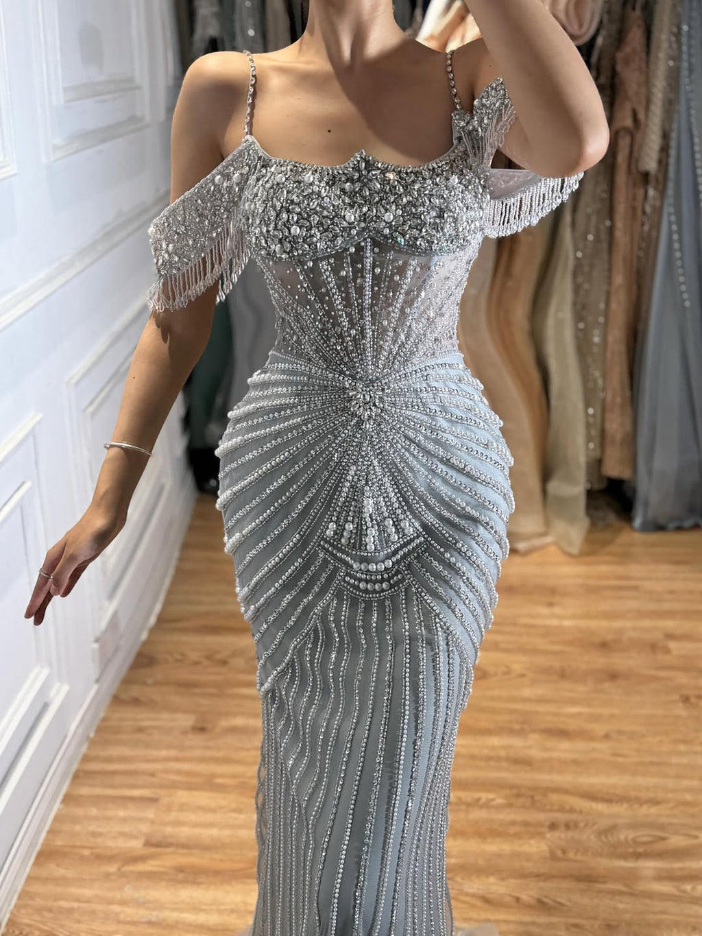 Luxury Nude Crystal Beaded Off Shoulder Mermaid Dress LA73148E
