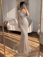 Luxury Nude Crystal Beaded Off Shoulder Mermaid Dress LA73148E
