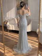 Luxury Nude Crystal Beaded Off Shoulder Mermaid Dress LA73148E