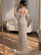 Luxury Nude Crystal Beaded Off Shoulder Mermaid Dress LA73148E
