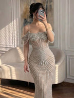 Luxury Nude Crystal Beaded Off Shoulder Mermaid Dress LA73148E