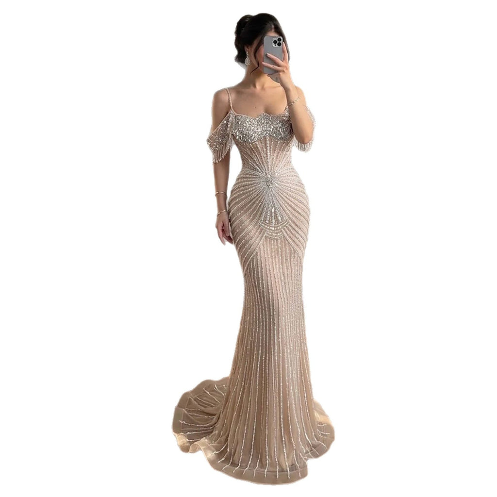 Luxury Nude Crystal Beaded Off Shoulder Mermaid Dress LA73148E