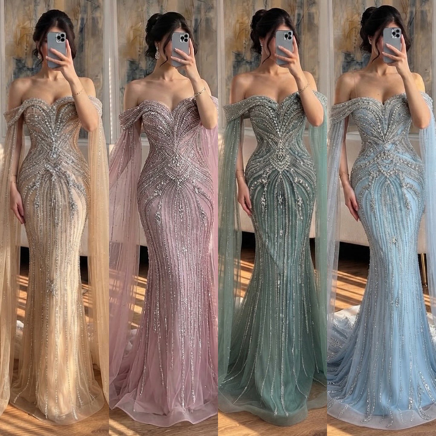 Luxury Pink Beaded Evening Dress with Cape Sleeves CLA73151A