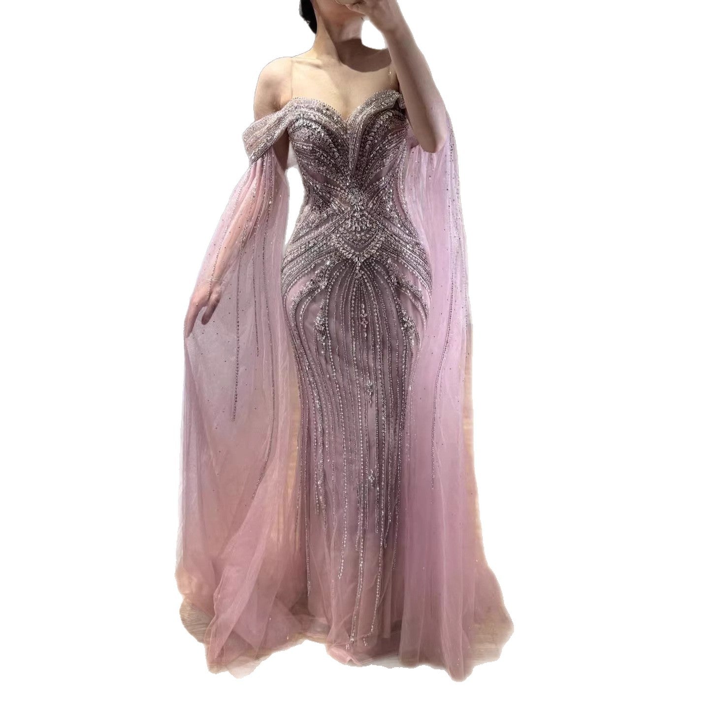 Luxury Pink Beaded Evening Dress with Cape Sleeves CLA73151A