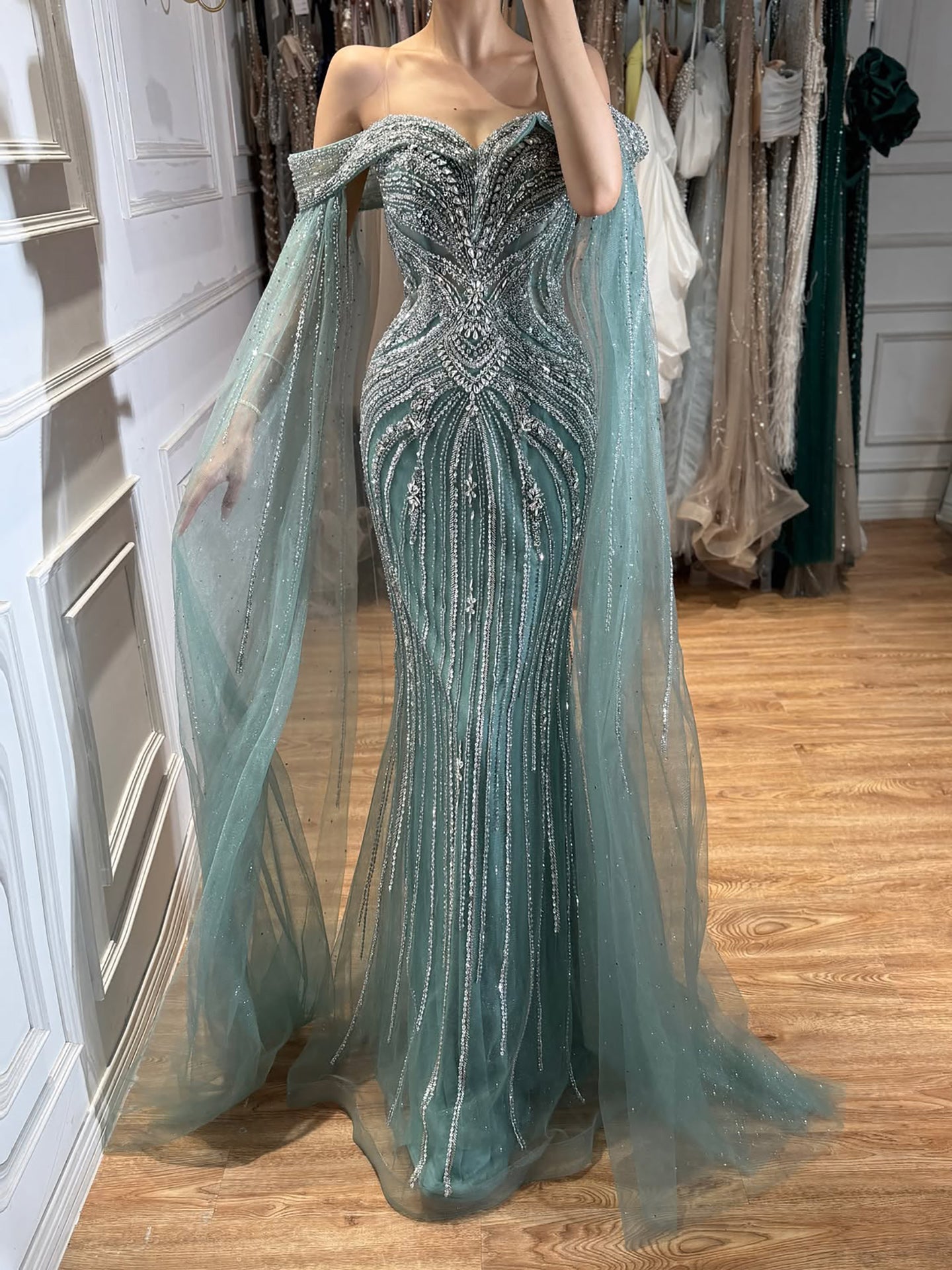 Luxury Pink Beaded Evening Dress with Cape Sleeves CLA73151A