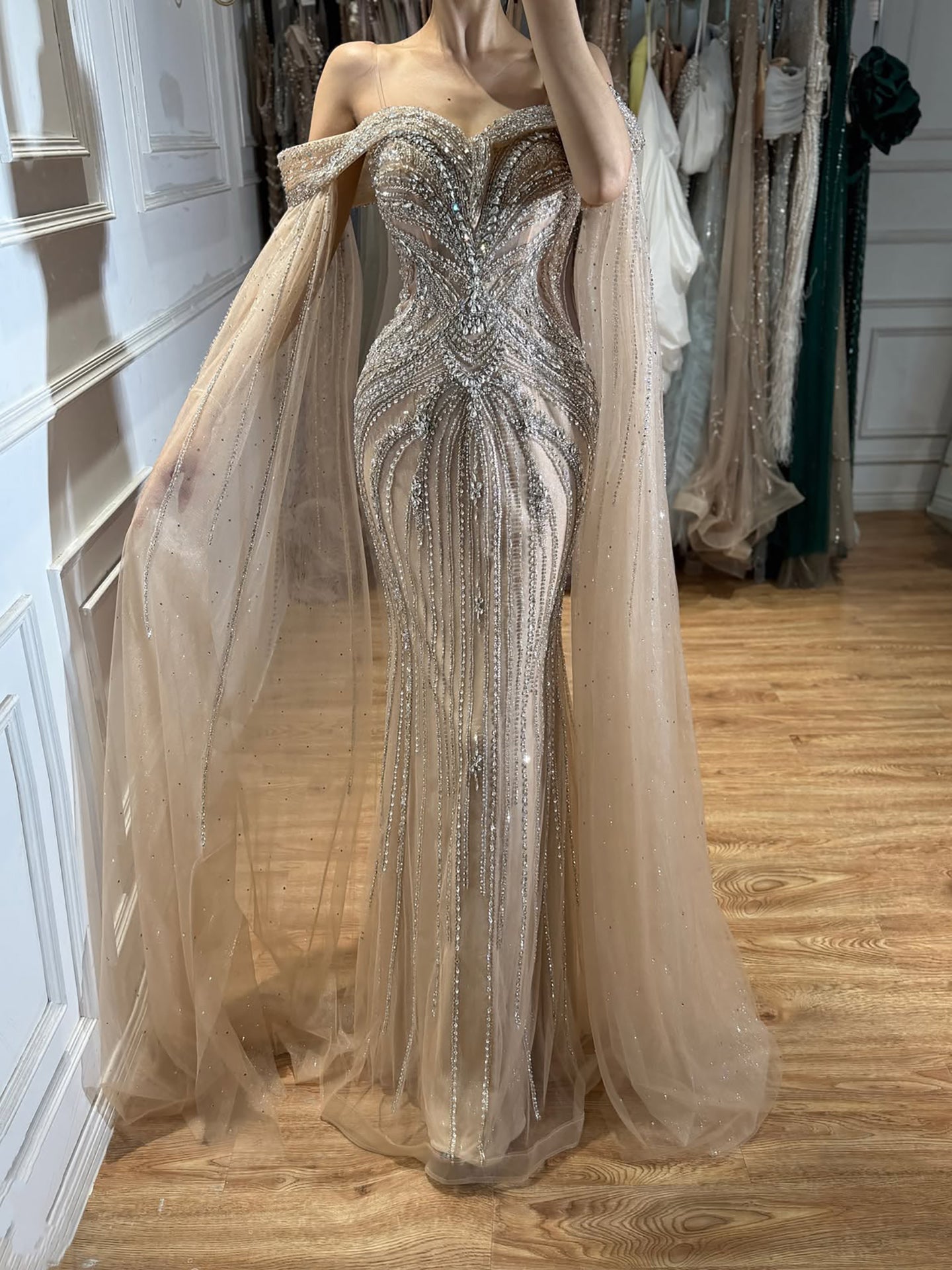 Luxury Pink Beaded Evening Dress with Cape Sleeves CLA73151A