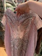 Luxury Pink Beaded Evening Dress with Cape Sleeves CLA73151A