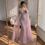 Luxury Pink Beaded Evening Dress with Cape Sleeves CLA73151A