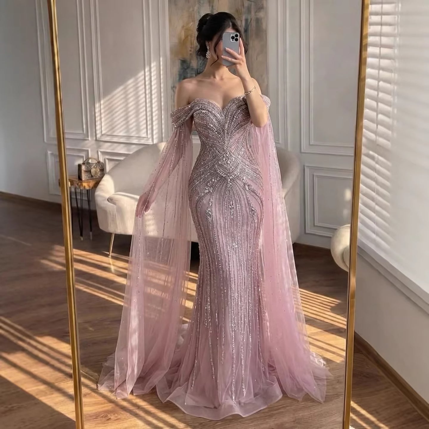 Luxury Pink Beaded Evening Dress with Cape Sleeves CLA73151A