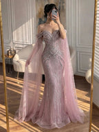 Luxury Pink Beaded Evening Dress with Cape Sleeves CLA73151A