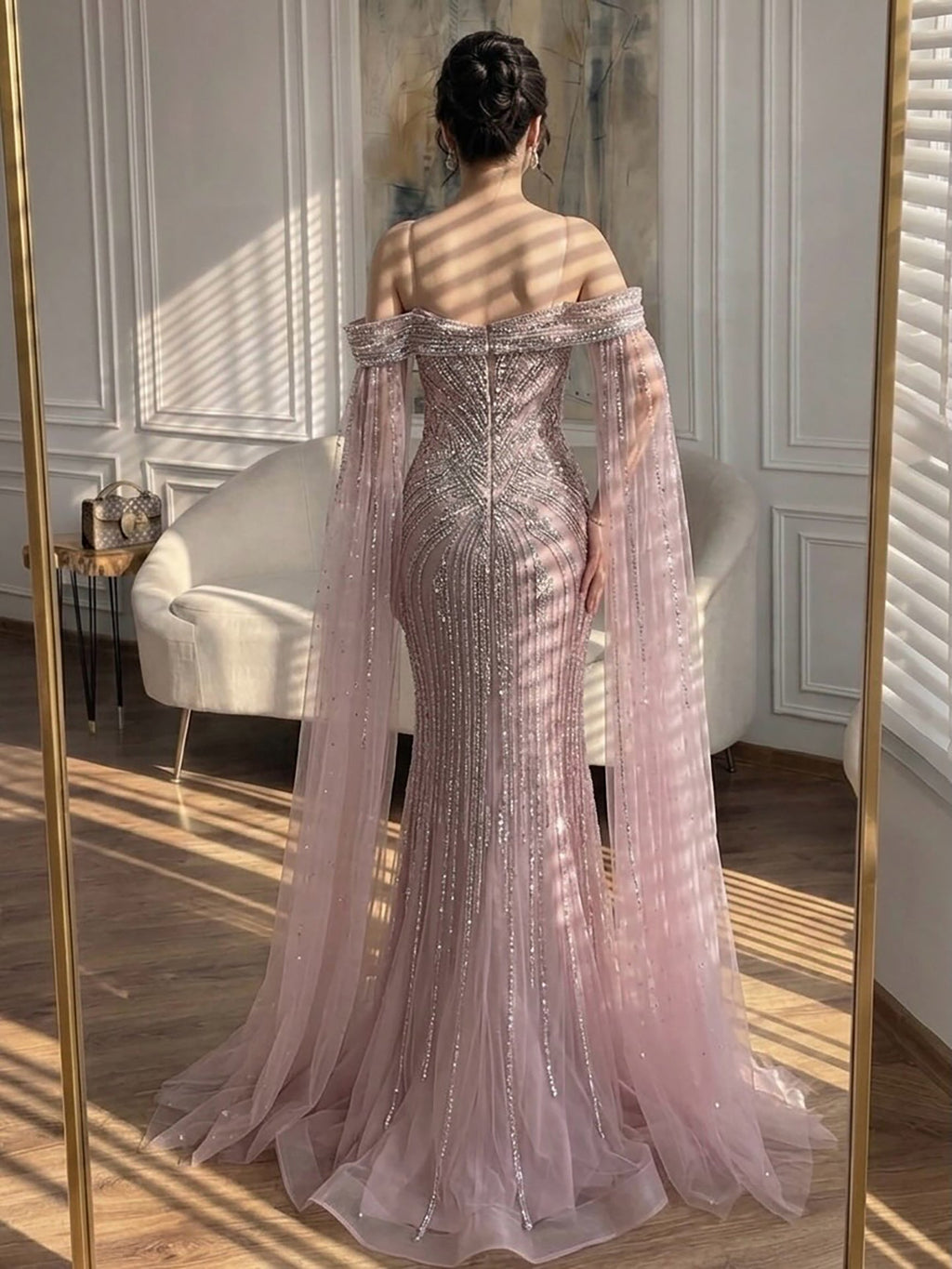 Luxury Pink Beaded Evening Dress with Cape Sleeves CLA73151A