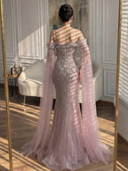 Luxury Pink Beaded Evening Dress with Cape Sleeves CLA73151A