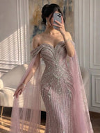 Luxury Pink Beaded Evening Dress with Cape Sleeves CLA73151A