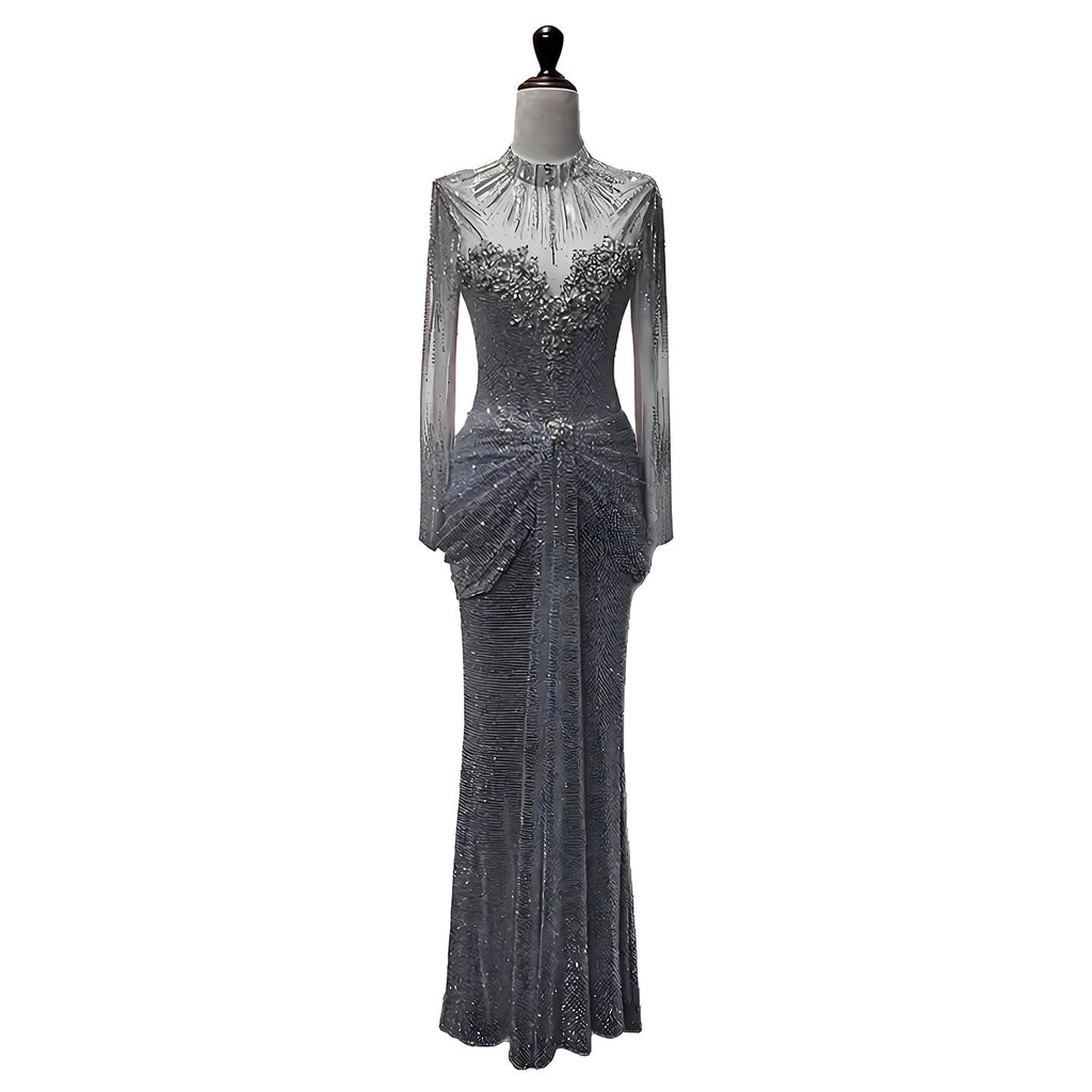 Luxury Silver Crystal Beaded Long Sleeve Evening Dress LA73167