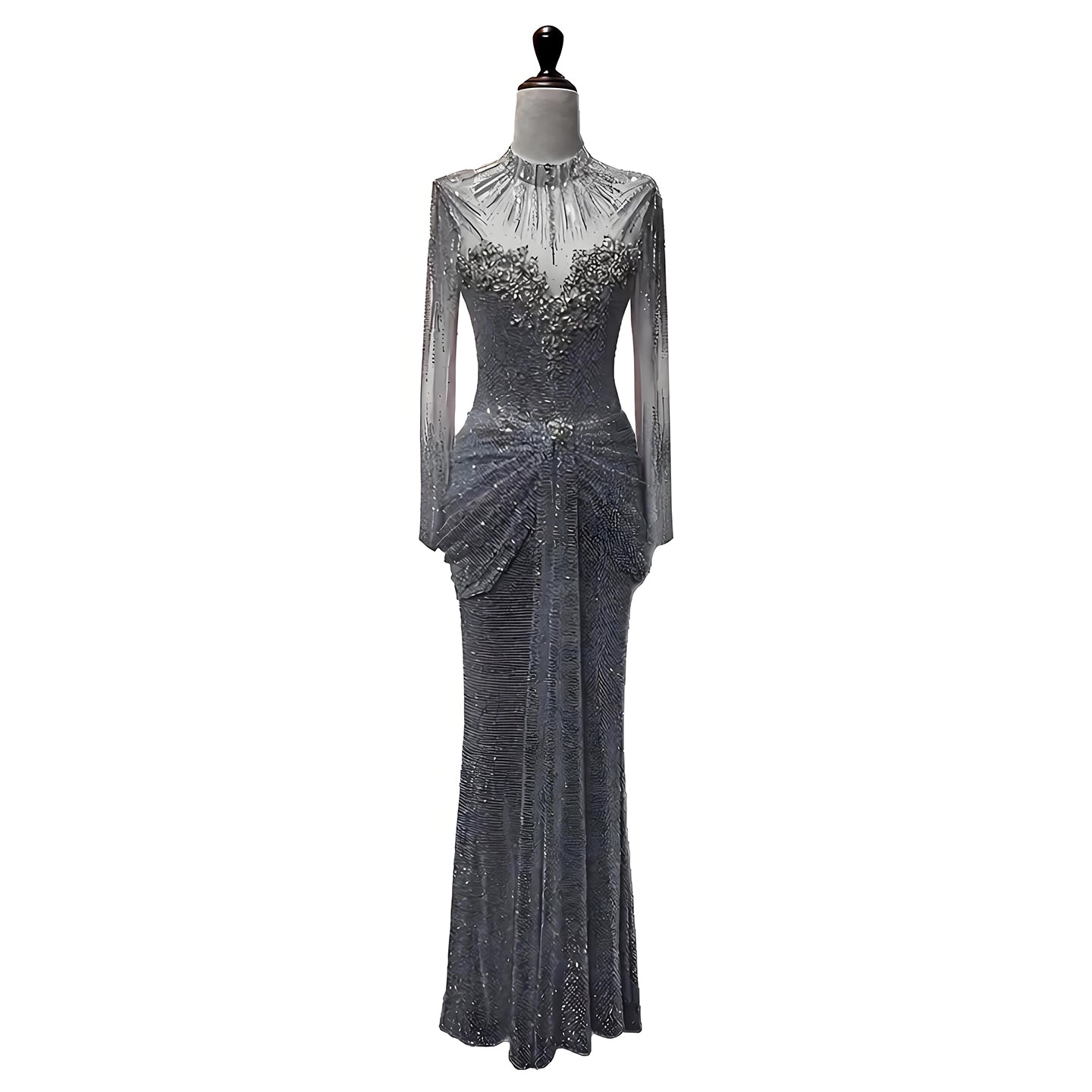 Luxury Silver Crystal Beaded Long Sleeve Evening Dress LA73167