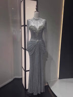 Luxury Silver Crystal Beaded Long Sleeve Evening Dress LA73167