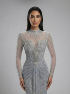 Luxury Silver Crystal Beaded Long Sleeve Evening Dress LA73167