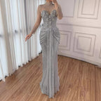 Luxury Silver Crystal Beaded Long Sleeve Evening Dress LA73167